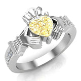Genuine Heart Yellow Citrine Claddagh Diamond Ring 0.62 Ct 14K Gold - White Gold