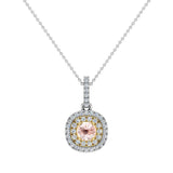 Round Cut Morganite Cushion Double Halo 2 tone necklace 14K Gold-G,SI - Yellow Gold
