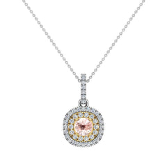Round Cut Morganite Cushion Double Halo 2 tone necklace 14K Yellow Gold