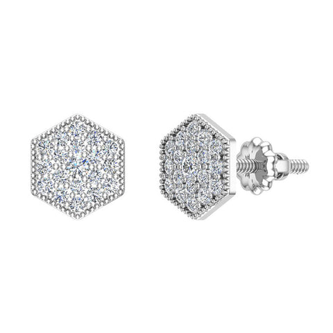 Hexagonal Shape Pave Diamond Cluster Stud Earrings 1/2 ct 14K Gold-I,I1