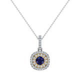 Round Cut Blue Sapphire Cushion Double Halo 2 tone necklace 14K Gold-G,I1 - Yellow Gold