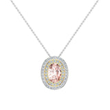 Oval Cut Pink Morganite Double Halo 2 tone necklace 14K Gold (I,I1) - Yellow Gold