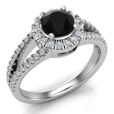 Black & White Split Shank Halo Diamond Ring 1.20 ctw Engagement Ring 14k Gold - White Gold