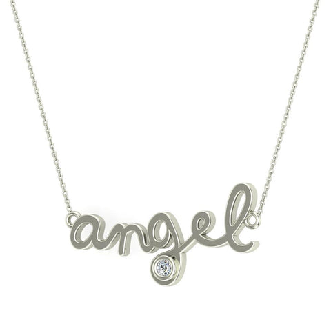 Angel Charm Necklace 14K Gold Bezel set Diamond Highlight-G,I1 - White Gold