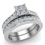 1.00 Ct Four Quad Princess Cut  Diamond Cathedral Accent Wedding Ring Set (G,SI) - White Gold