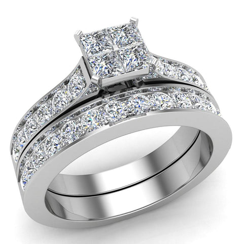 1.00 Ct Four Quad Princess Cut  Diamond Cathedral Accent Wedding Ring Set (G,SI) - White Gold