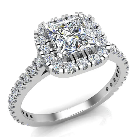 Princess Cushion Halo Diamond Engagement Ring 1.30 ct 18K Gold-G,SI - White Gold