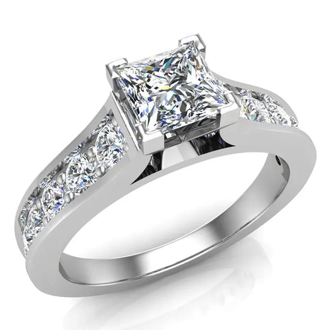 1.32 ctw Riviera Shank Princess Cut Diamond Engagement Ring 18K Gold-G,VS - White Gold