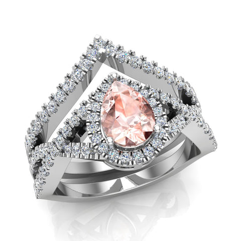 1.60 Ct Pear Cut Morganite Diamond Wedding Ring Set Diamond Big Ring 14K Gold I1 - White Gold
