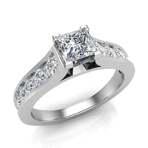 Princess Cut Diamond Engagement Ring Riviera Shank 1.07 ctw 18K Gold-G,VS - White Gold