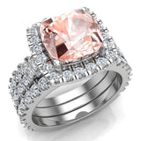 Wedding Ring Set Cushion cut Morganite Halo Ring 14K Gold 3.85 ct-I,I1 - White Gold