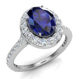 Blue Sapphire & Diamond Halo Ring 14K Gold September Birthstone - White Gold