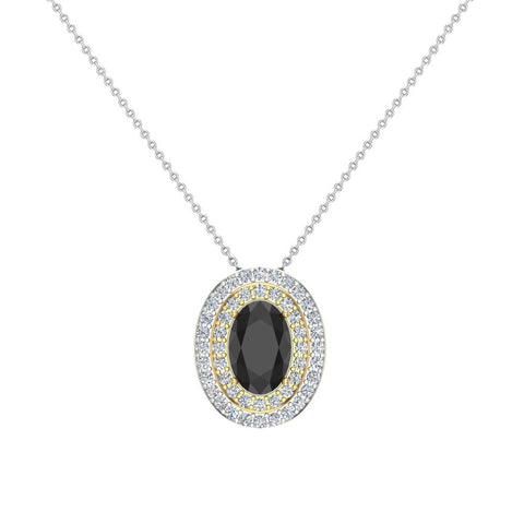 Oval Cut Black Diamond Double Halo 2 tone necklace 14K Gold G,SI - Yellow Gold