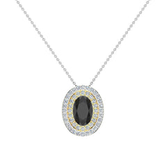 Oval Cut Black Diamond Double Halo 2 tone necklace 14K Yellow Gold