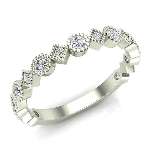 Circles & Squares Stacking Milgrain Diamond Wedding Band 0.32 ctw 14K Solid Gold Glitz Design (I,I1) - White Gold