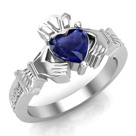 Genuine Heart Blue Sapphire Claddagh Diamond Ring 0.62 Ct 14K Gold - White Gold