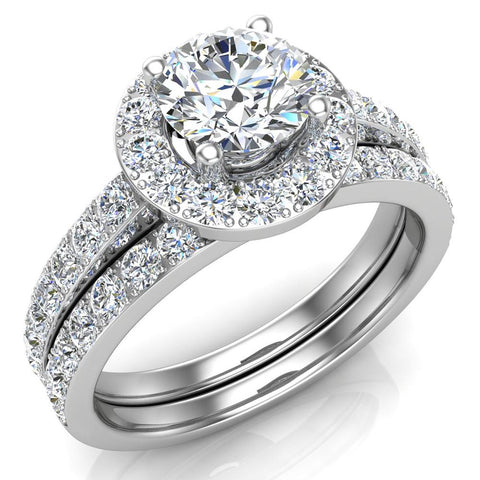 1.38 Ct Round Brilliant Cut Halo Diamond Engagement Ring Set 14K Gold (G,VS) - White Gold