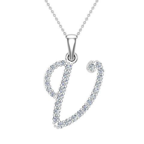 Initial pendant V Letter Charms Diamond Necklace 18K Gold-G,VS - White Gold