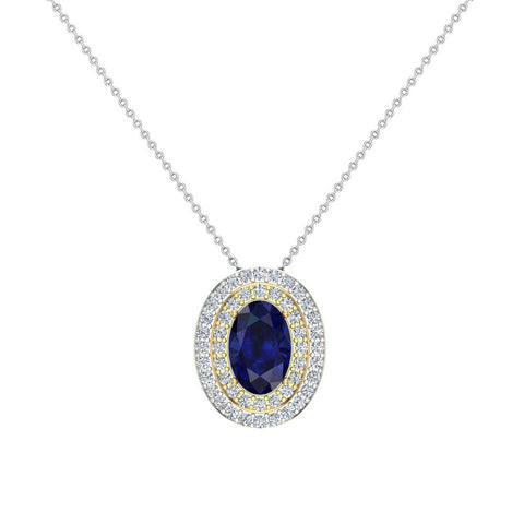 Oval Cut Blue Sapphire Double Halo 2 tone necklace 14K Gold-I,I1 - Yellow Gold