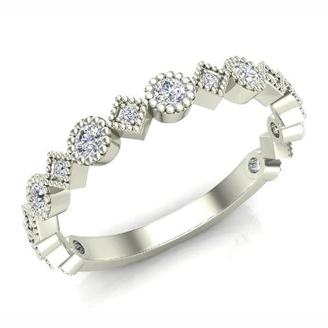 Circles & Squares Stacking Milgrain Diamond Wedding Band 0.32 ctw 18K Solid Gold Glitz Design (G,SI) - White Gold