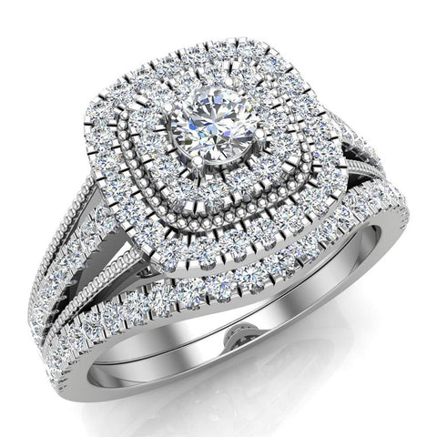 Vintage Look Round Cushion Halos Milgrain Y Shank Diamond Wedding Ring Set 0.80 ctw 14K Gold (I,I1) - White Gold