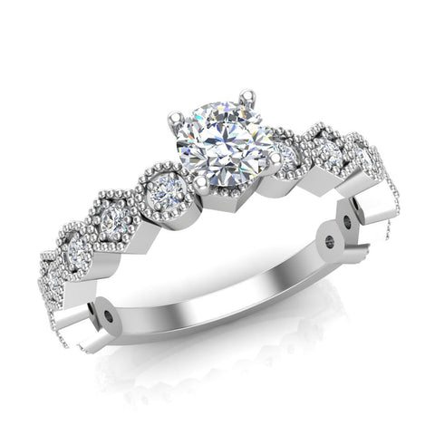 Designer milgrain Round brilliant diamond engagement ring 18K Gold 0.70 CT VS - White Gold