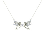 18K Gold Necklace Twin Angels & Wings Diamond Charm Pendant-VS - White Gold