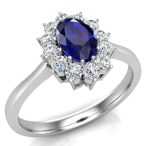 September Birthstone Blue Sapphire Oval 14K Gold Diamond Ring 0.80 ct tw - White Gold