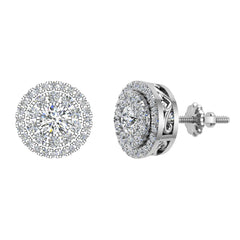 Double Halo Cluster Diamond Earrings 1.01 ct 14k White Gold