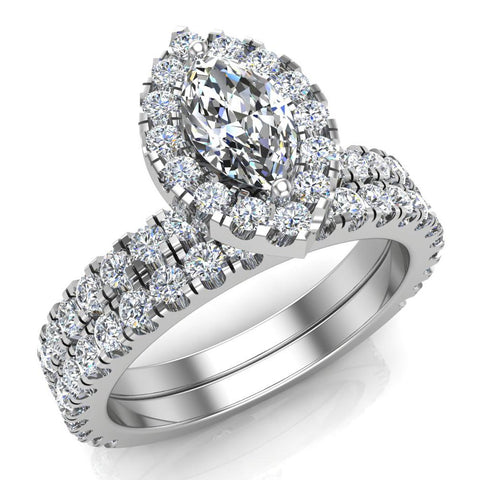 Petite ring for women Marquise Cut Halo Bridal Set 14K Gold 1.55 ct-I,I1 - White Gold