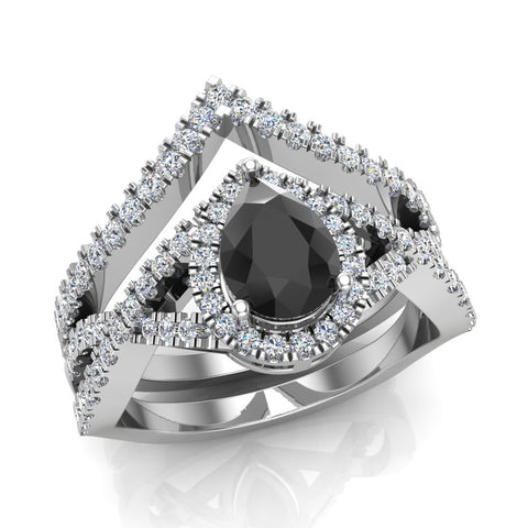 1.60 Ct Pear Cut Black Diamond Wedding Ring Set Diamond Big Ring 14K Gold I1 - White Gold