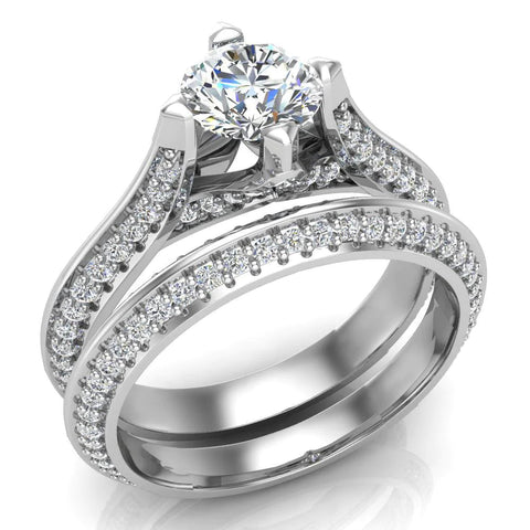 Micro Pave Solitaire Diamond Wedding Ring Set 14K Gold (I,I1) - White Gold