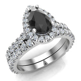 Pear Cut Black Diamond Halo Wedding Ring Set 14K Gold (G,SI) - White Gold