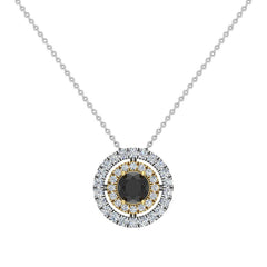 Round Cut Black Diamond Double Halo 2 tone necklace 14K Yellow Gold