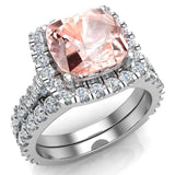 Morganite Cushion Halo Diamond wedding ring for women 14K Gold 3.28 ct-I,I1 - White Gold