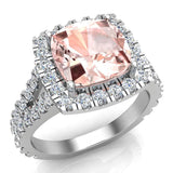 Cushion Cut Pink Morganite Halo Engagement Ring 14K Gold (I,I1) - White Gold