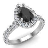 Pear Cut Black Diamond Halo Engagement Ring 14K Gold (I,I1) - White Gold