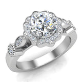 GIA Round halo diamond engagement rings floral milgrain 14K 1.25 ctw F VS - White Gold