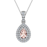 Pear Cut Pink Morganite Halo Diamond Necklace 14K Gold (G,I1) - White Gold