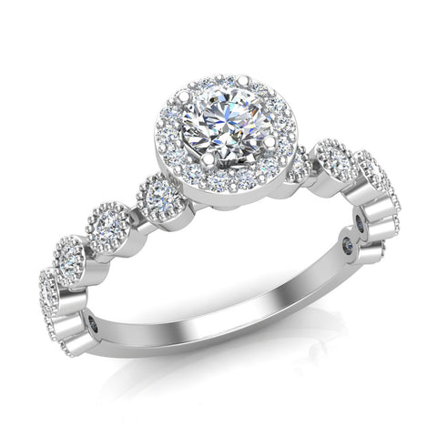 Round Halo Diamond Engagement Ring Stackable Milgrain Design 14K Gold 0.63 ct-I1 - White Gold