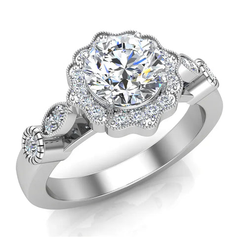 GIA Round halo diamond engagement rings floral milgrain 14K 1.25 ctw I1 - White Gold