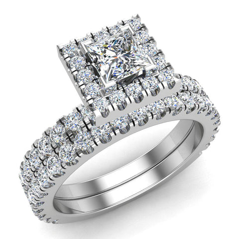 Princess Cut Wedding Ring Set Halo Style 18K Gold 1.55 ct-G,VS - White Gold