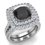 Black Cushion Double Halo Diamond wedding rings 14K Gold 3.80 ct-I,I1 - White Gold