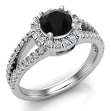 Black & White Split Shank Halo Diamond Ring 1.20 ctw Engagement Ring 14k Gold Glitz Design (G,SI) - White Gold