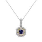Round Cut Blue Sapphire Cushion Double Halo 2 tone necklace 14K Gold-I,I1 - Yellow Gold
