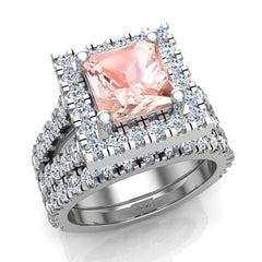 Pink Morganite Asscher Cut Wedding Ring Set Halo Style 14K White Gold