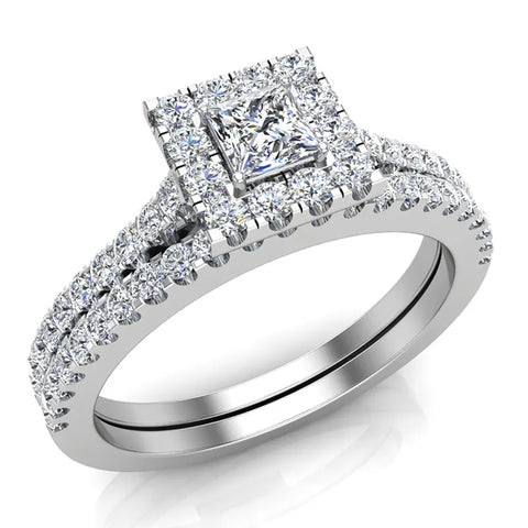 0.70 Ct Princess Cut Square Halo Diamond Wedding Ring Bridal Set 14K Gold (G,SI) - White Gold