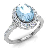 Blue Topaz & Diamond Halo Ring 14K Gold December Birthstone - White Gold