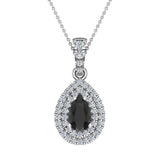 Pear Cut Black Diamond Double Halo Diamond Necklace 14K Gold-G,I1 - White Gold