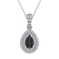 Pear Cut Black Diamond Double Halo Diamond Necklace 14K White Gold
